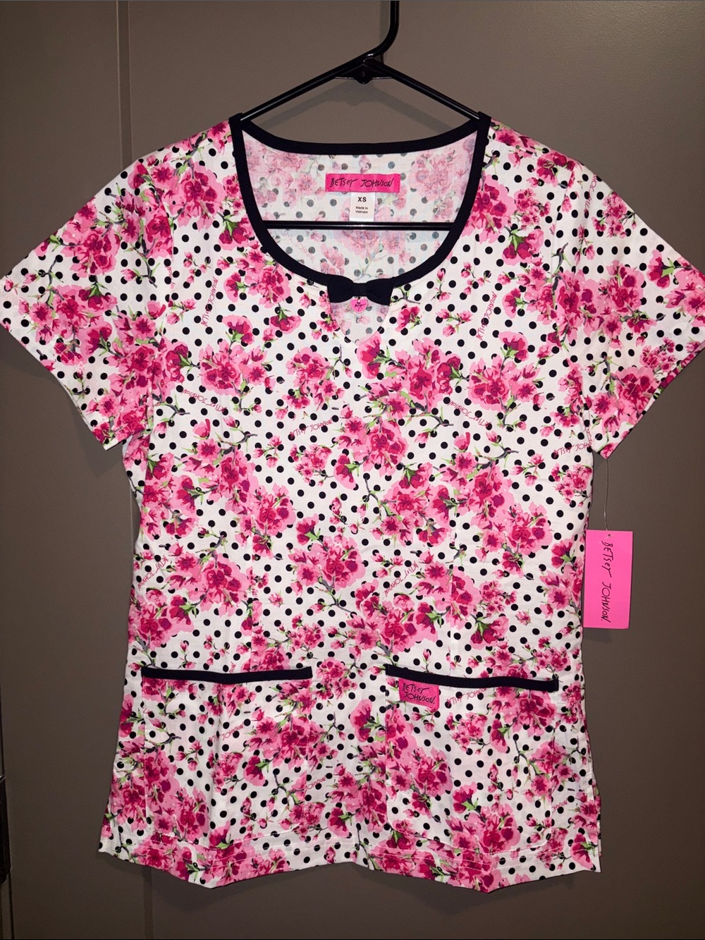 Betsey Johnson Floral Polka Dot Scrub Top